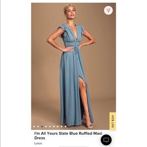 Lulu’s I’m All Yours Slate Blue Ruffled Maxi Dress with Slit